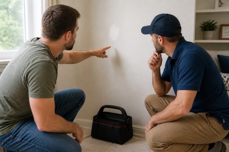 Homeowner and repair professional assessing a small wall repair together