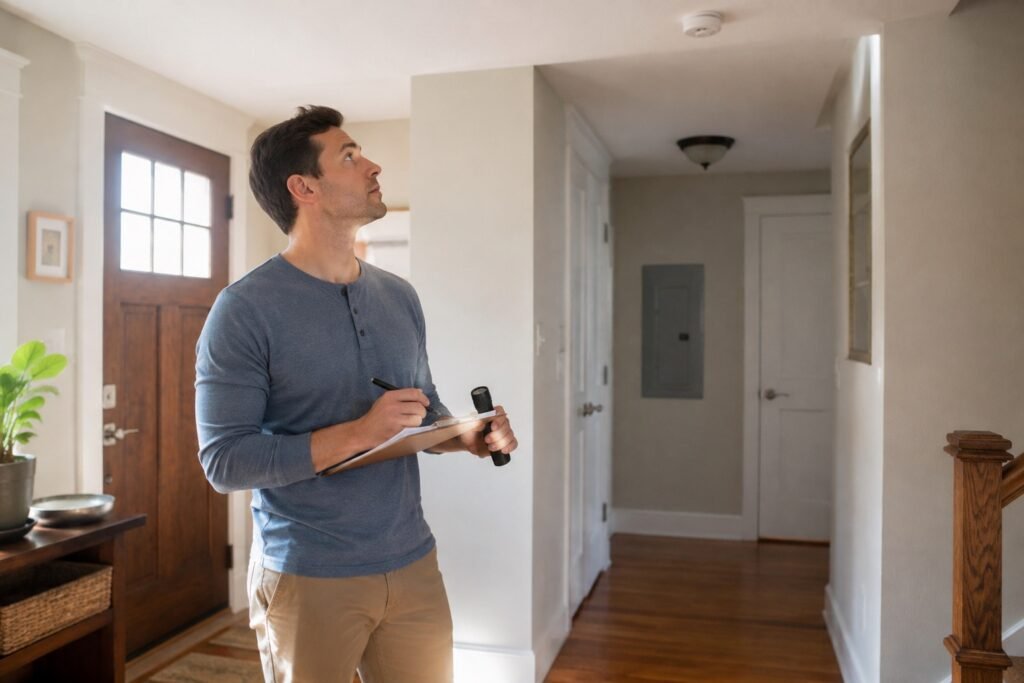 New homeowner inspecting a smoke alarm and taking notes inside a U.S. home