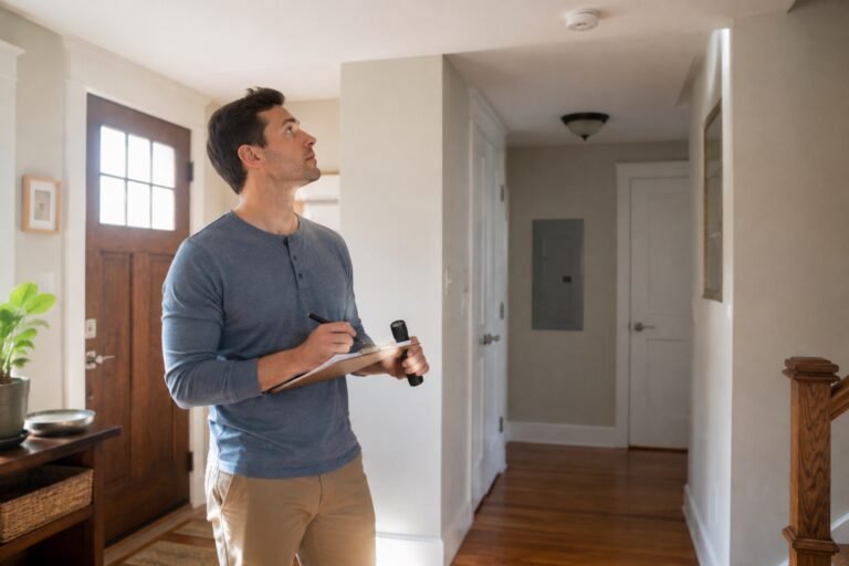 New homeowner inspecting a smoke alarm and taking notes inside a U.S. home