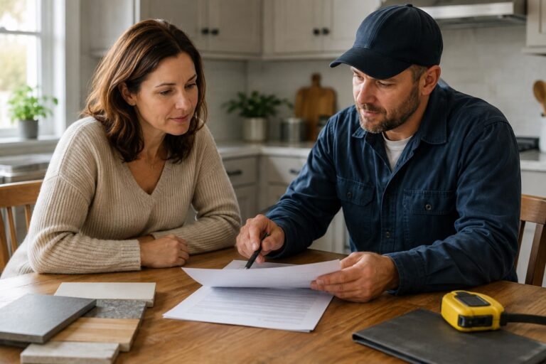 Homeowner and repair contractor reviewing a written project estimate at a kitchen table