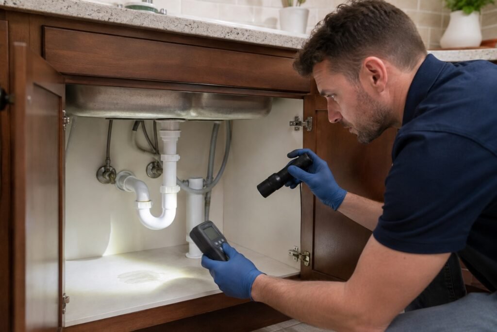 Homeowner using a flashlight and moisture meter to inspect a small under-sink leak