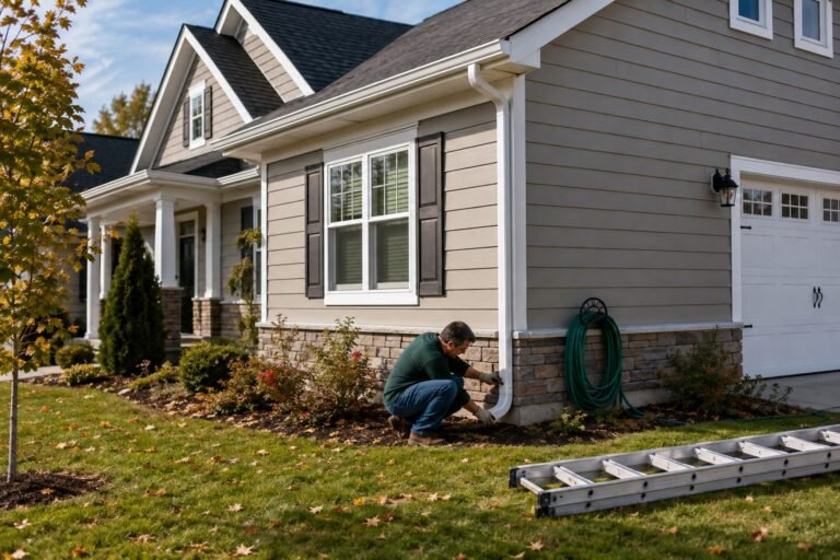 Homeowner inspecting a ground-level downspout beside a house on an autumn day