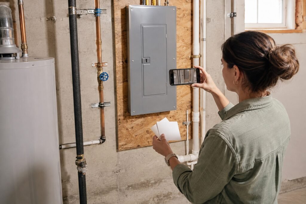 Homeowner photographing a closed electrical panel and utility pipes in a basement