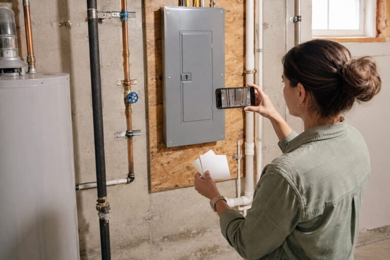 Homeowner photographing a closed electrical panel and utility pipes in a basement